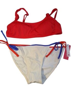Red Ribbed Bikini Top with White Tie-Side Bottoms